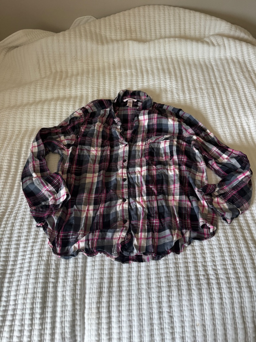 Victoria's Secret Pink Grey Plaid Flannel Pajama Top Silver Metallic Thread XL